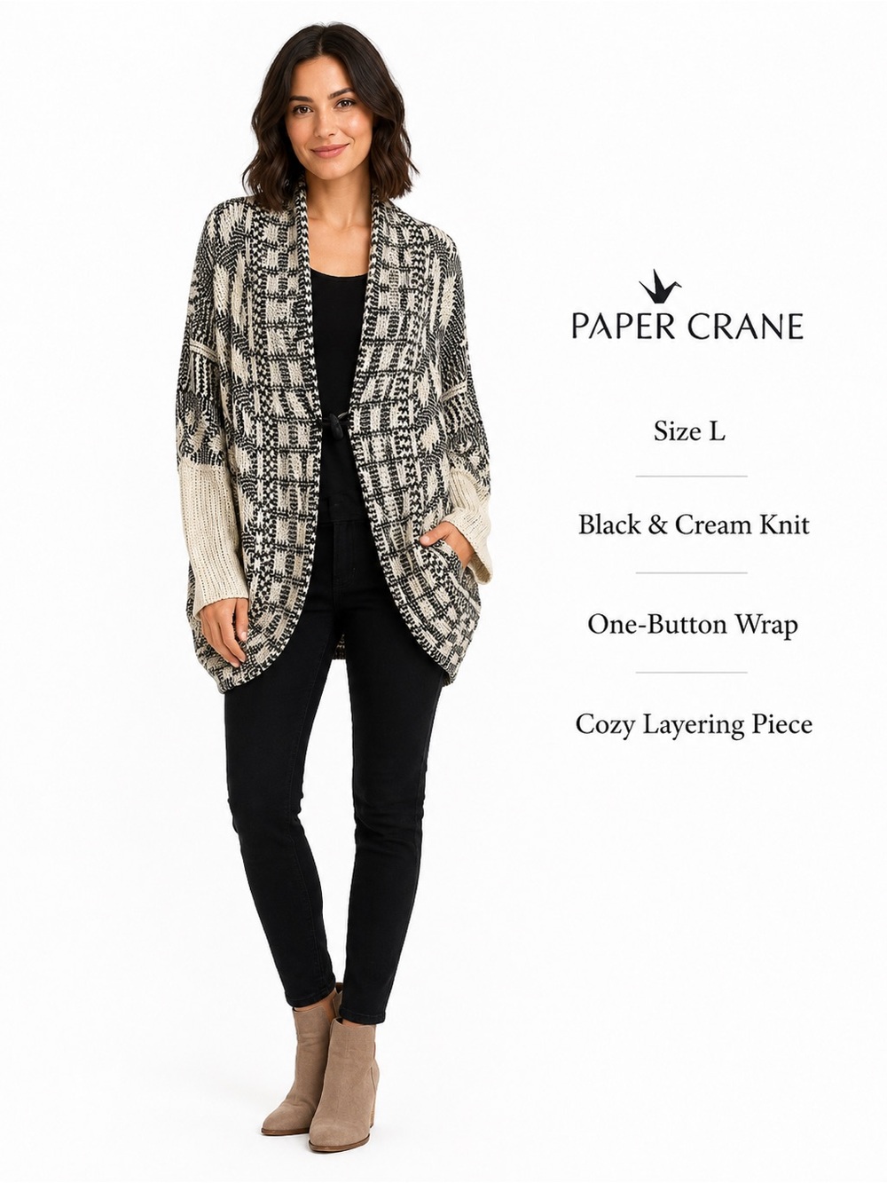 Paper Crane Black and Cream Knit Top Sweater Cardigan wrap one button sz Large